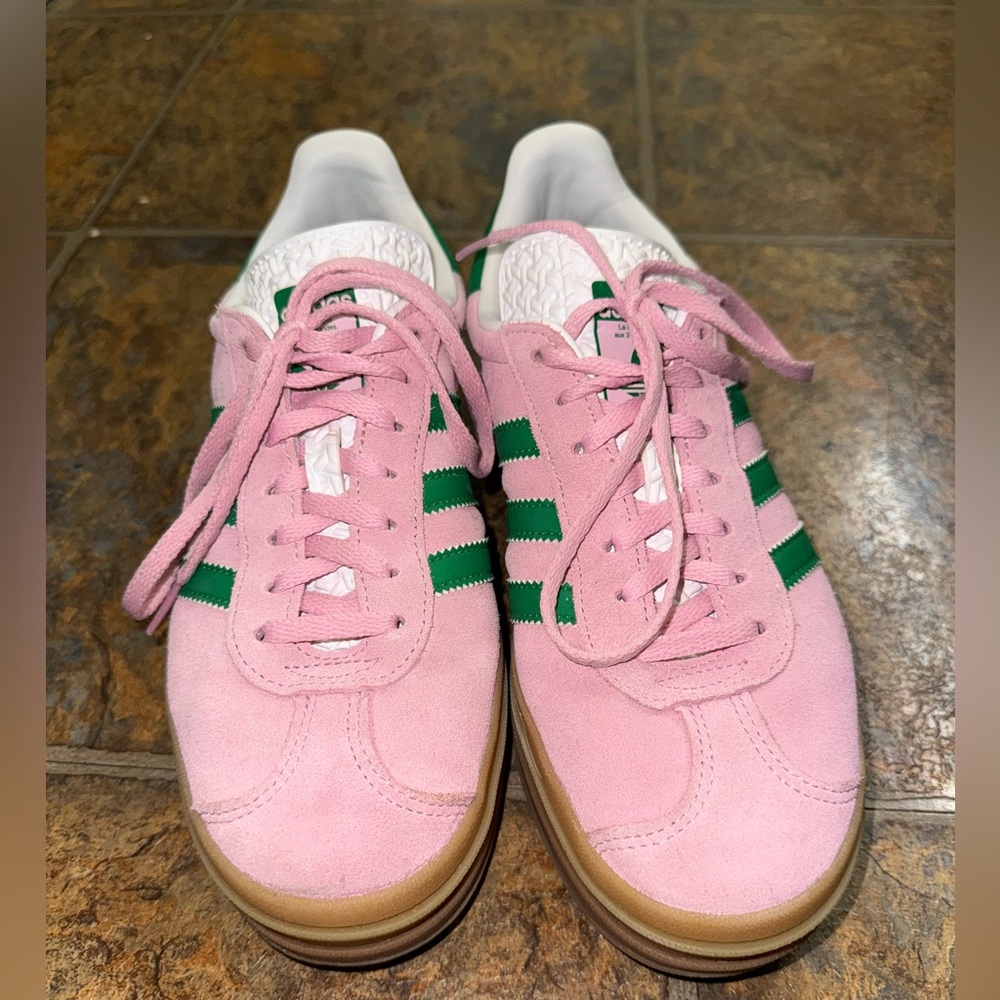 Pink and green adidas gazelles